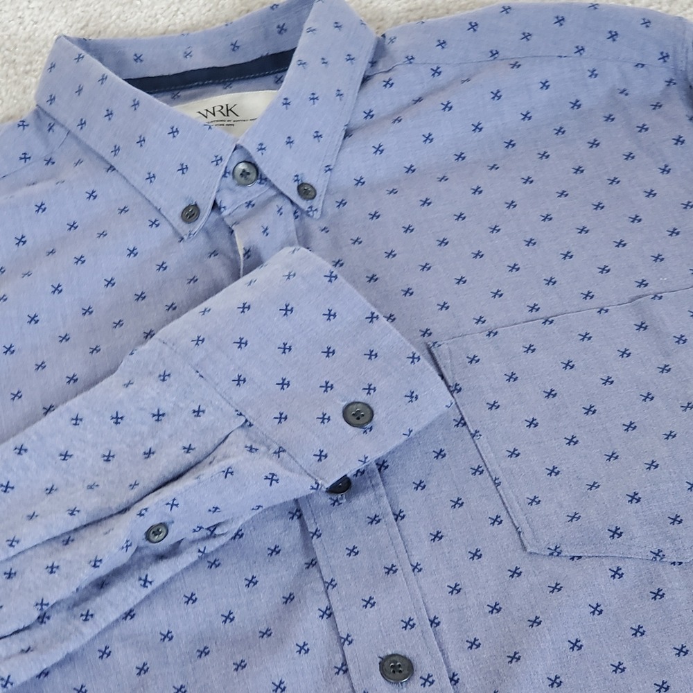WRK Button Down Shirt Men's Medium Blue Reworked Shirt Cross Print Long Sleeve